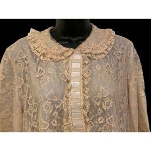 Odette Barsa Womens Duster M Pink Ecru Lace Overlay Ruffle Ribbon VINTAGE‎ 40's